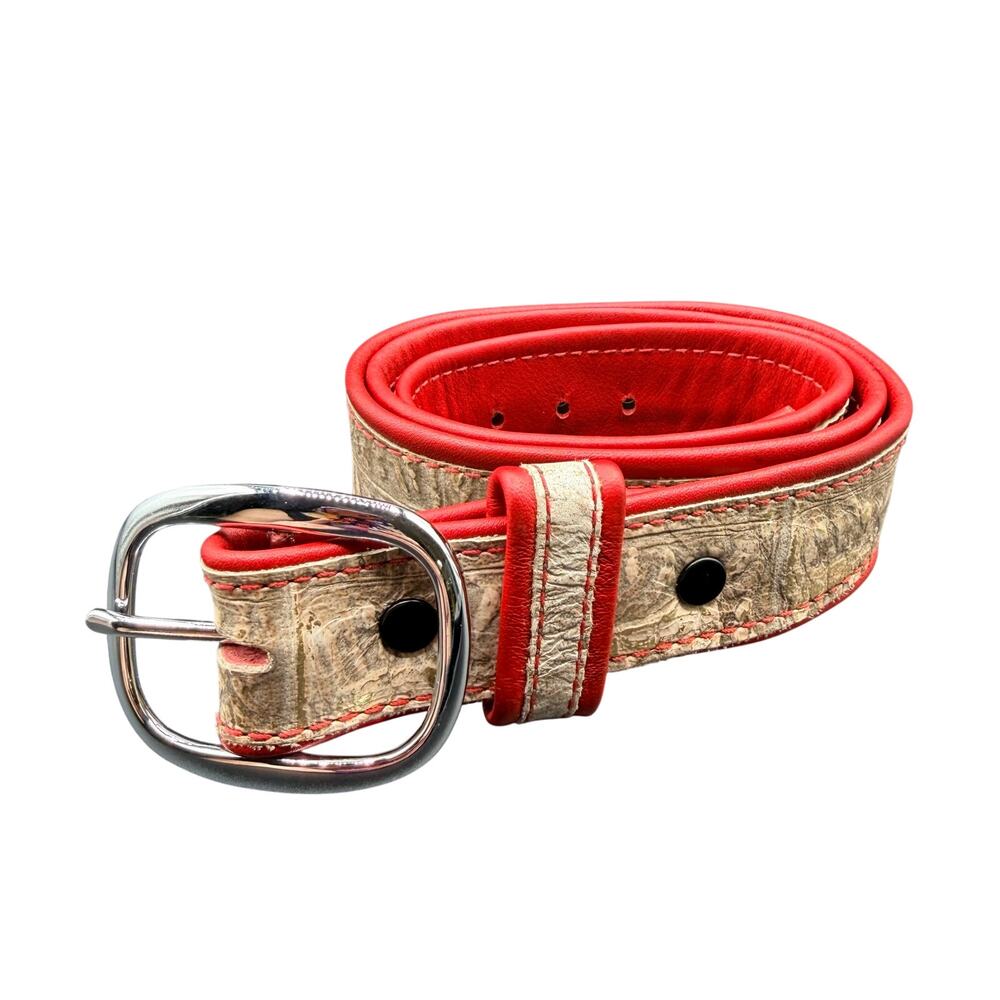 Vintage Red Leather Exotic Embossed Belt Silver Buckle Handmade USA